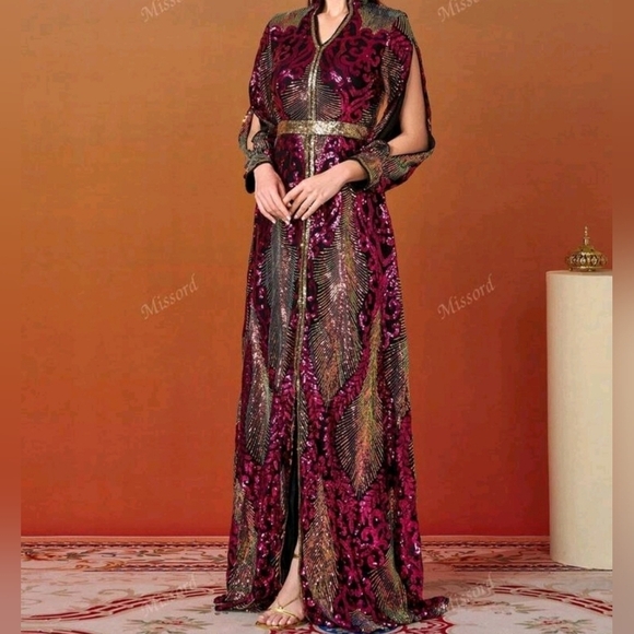 Hot Pink, Bishop Sleeves, V Neck, Contrast Sequined Mermaid Maxi Gown - Picture 5 of 11